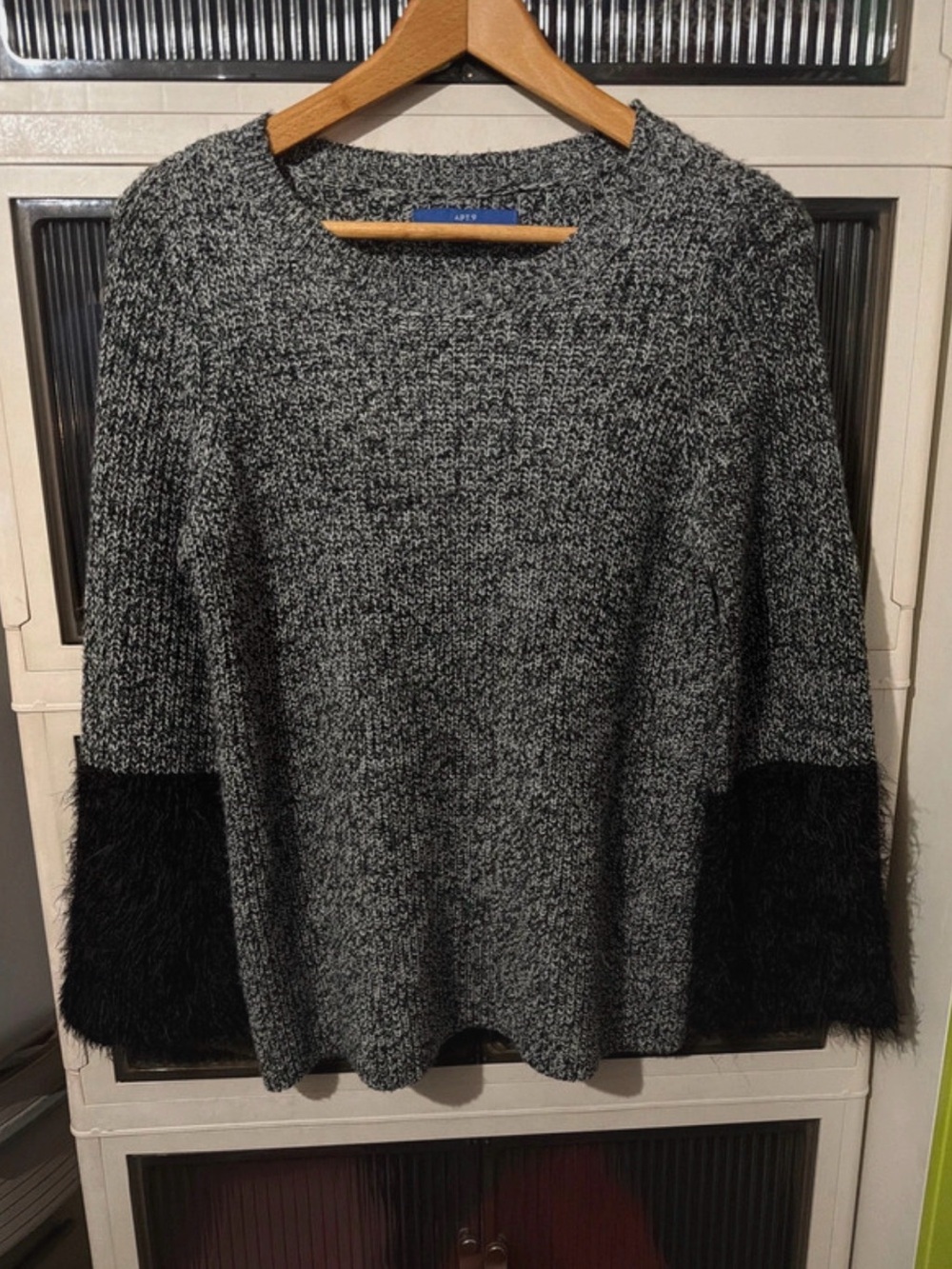 Apt. 9 Black and Gray Crewneck Sweater with Faux Fur Cuffs